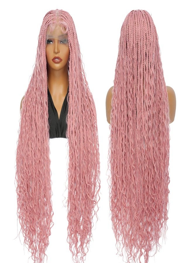 SUPERNOVA #Pink Full Lace Knotless Box Braided Wigs 36 Inch Long Wavy Square Knotless 360 Full Lace Synthetic Hair Boho Braided Wig For Black Women Breathable Cap Hot Pink Box Braids Wig - Image 1